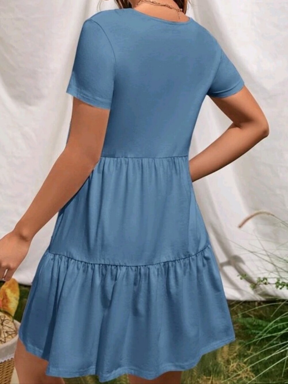 Womans Short Sleeve Tiered Dress - Blue